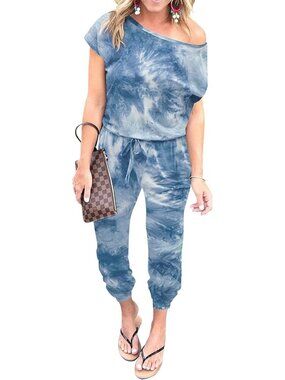 Women's Tie Die Blue Summer Dressy Outfits Off The Shoulder Imported Romper